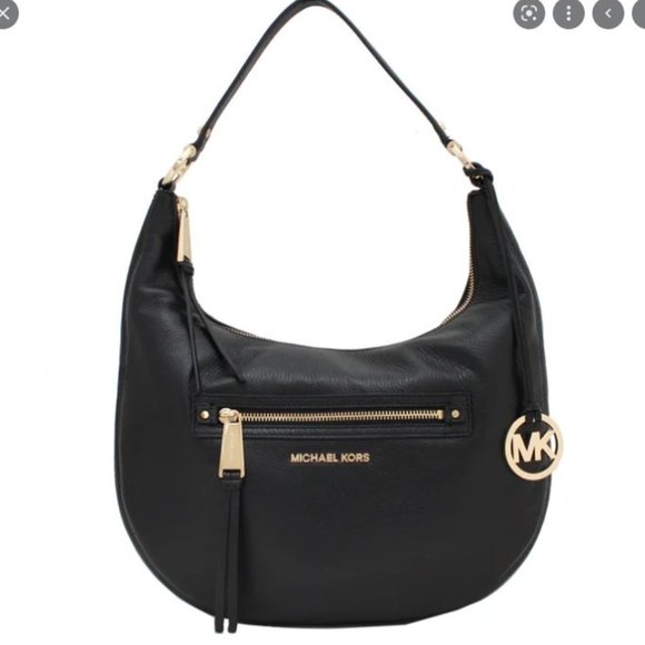 Michael Kors - Rhea Shoulder Bag Medium Black Leather Gold Tone Hardware - Picture 1 of 7